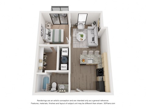 A 3D floor plan of a small apartment with a kitchen, living room, and bathroom.